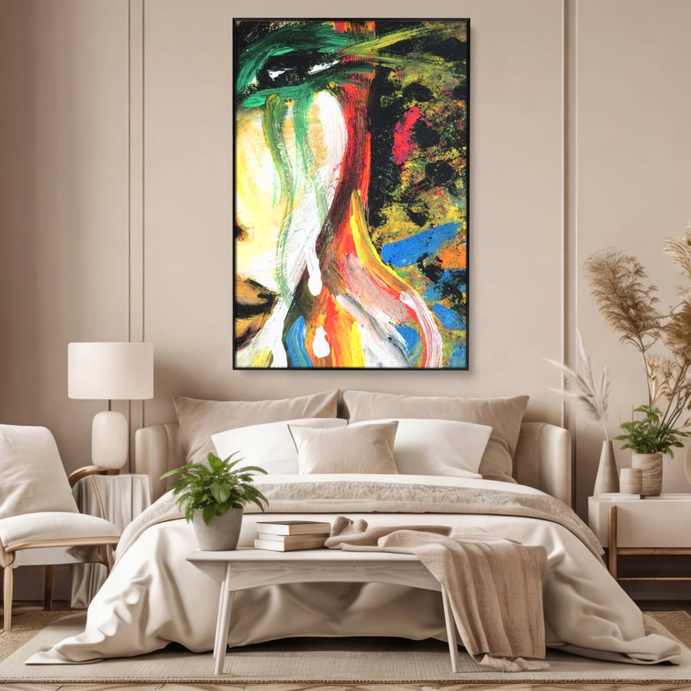 Tablou canvas cu pictura abstracta cu portret si lacrimi, in rama de aluminiu negru, pe perete intr-un dormitor
